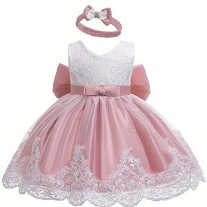 2pcs Pink and White Handmade Lace Dress with Headband